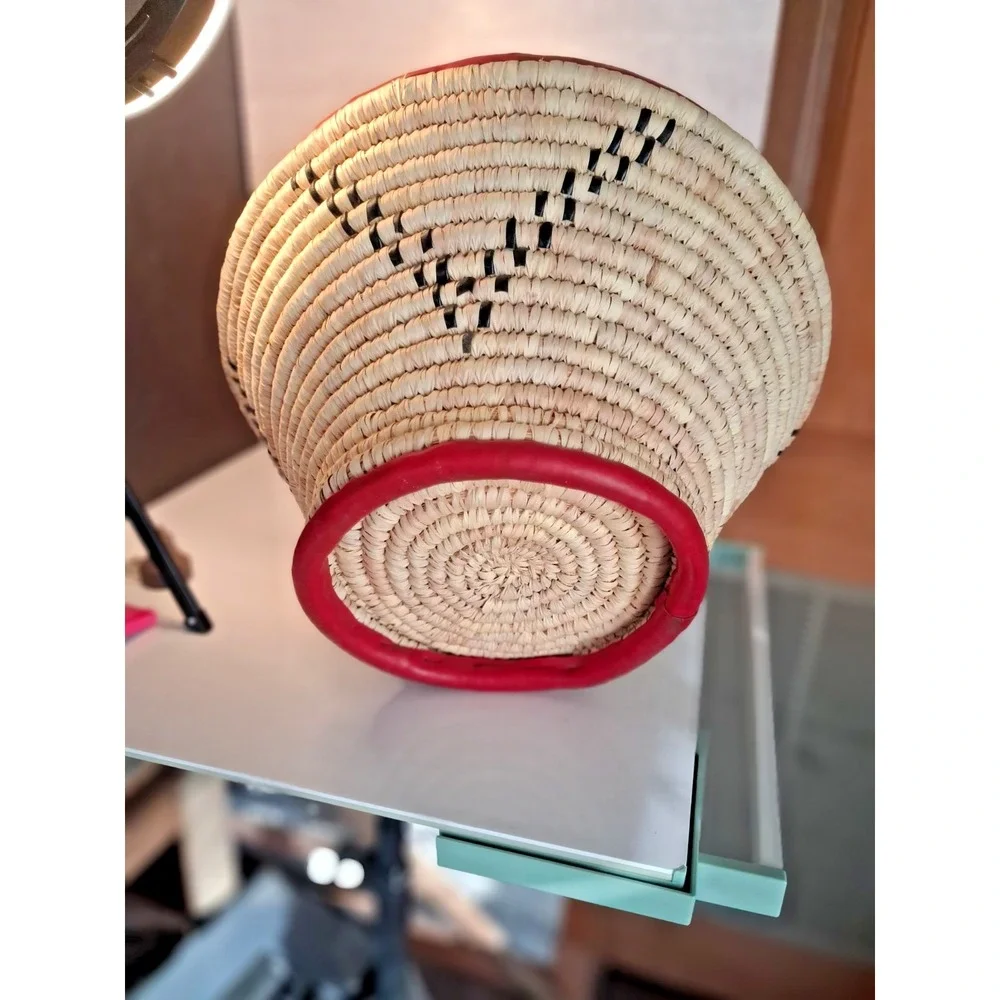 Handwoven Ethiopian Mesob Basket – Traditional Red Trim Decor (15-17